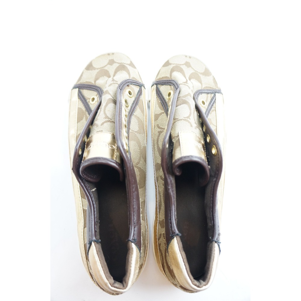 Coach Felix Sneakers 8.5B Gold Brown Signature Jacquard Metallic Excellent - Picture 4 of 5